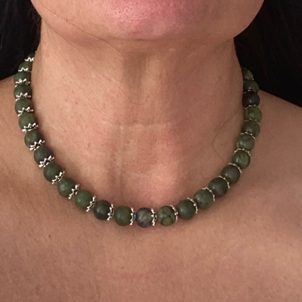 Jade and Silver Tone Accents Necklace 18.5 Inches